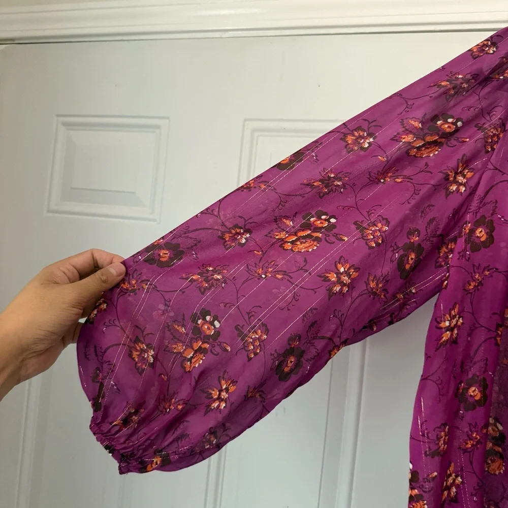 ULLA JOHNSON magenta‎ purple floral silk puff long sleeve blouse shirt top